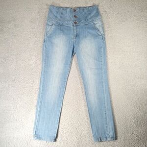 Dollhouse High Waist Jeans Women Juniors Sz 32 x 28 Blue Denim Stretch Button